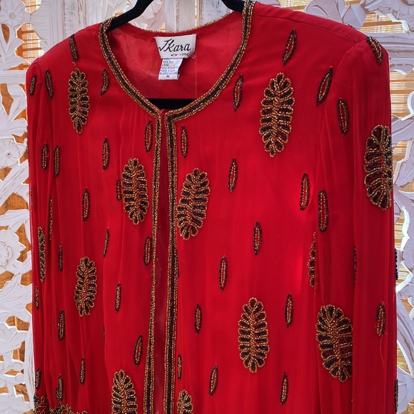 Glamorous red silk  embellished Silk women’s vintage jacket-Medium - Picture 9 of 16